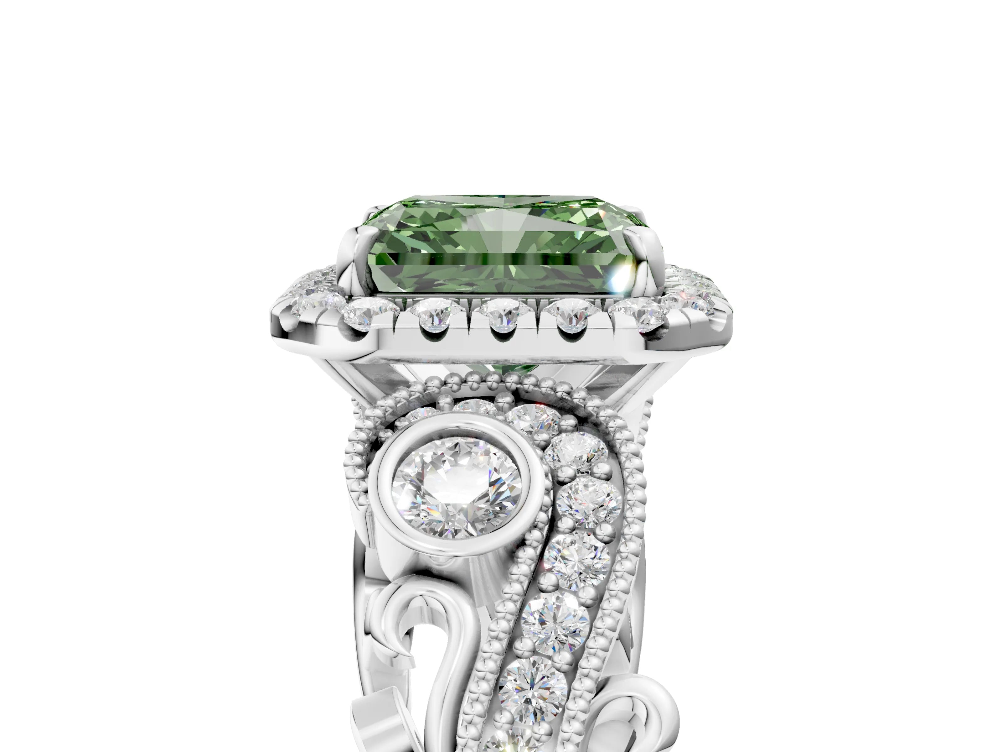 White gold Fancy Green Radiant Cut Halo Diamond Ring with Milgrain and Bezel Accents on a Split Shank Band_5