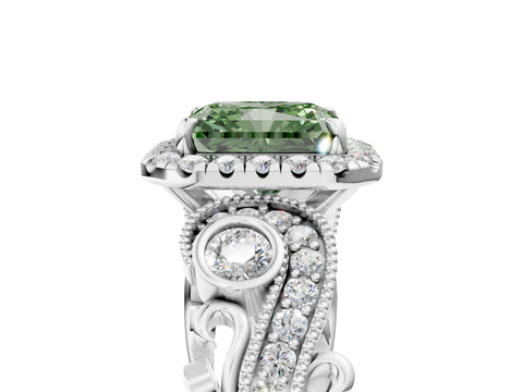 White gold Fancy Green Radiant Cut Halo Diamond Ring with Milgrain and Bezel Accents on a Split Shank Band_5
