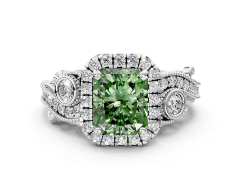 White gold Fancy Green Radiant Cut Halo Diamond Ring with Milgrain and Bezel Accents on a Split Shank Band