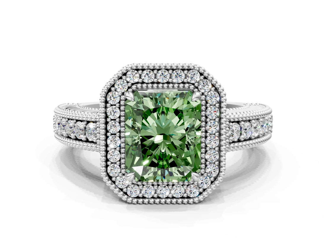 White gold Fancy Green Radiant  Cut Halo Diamond Ring with Pavé Band and Four-Prong Setting_52