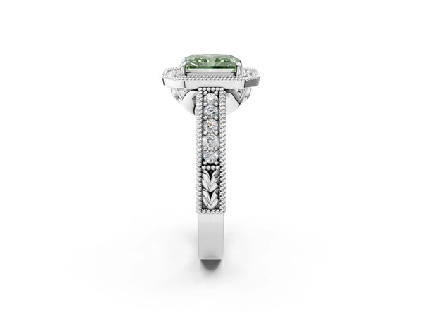 White gold Fancy Green Radiant  Cut Halo Diamond Ring with Pavé Band and Four-Prong Setting