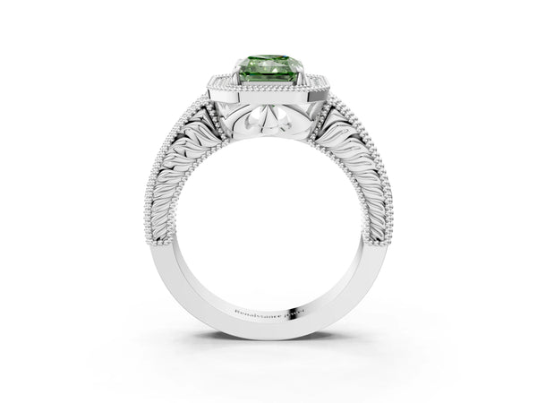 White gold Fancy Green Radiant  Cut Halo Diamond Ring with Pavé Band and Four-Prong Setting