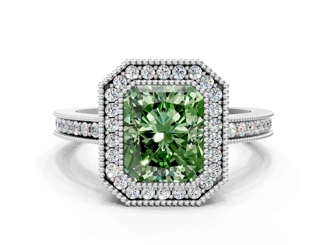 White gold Fancy Green Radiant  Cut Halo Diamond Ring with Pavé Band and Milgrain Prong Setting_32