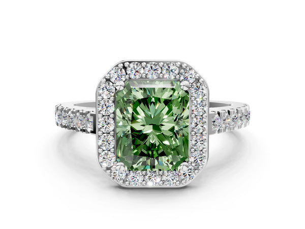 Platinum Fancy Green Radiant Cut Halo Diamond Ring with Pavé Band and Three-Prong Setting