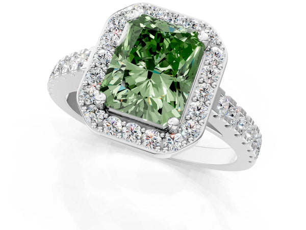 Platinum Fancy Green Radiant Cut Halo Diamond Ring with Pavé Band and Three-Prong Setting