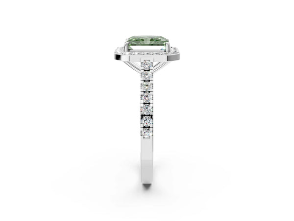 Platinum Fancy Green Radiant Cut Halo Diamond Ring with Pavé Band and Three-Prong Setting