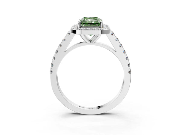 Platinum Fancy Green Radiant Cut Halo Diamond Ring with Pavé Band and Three-Prong Setting