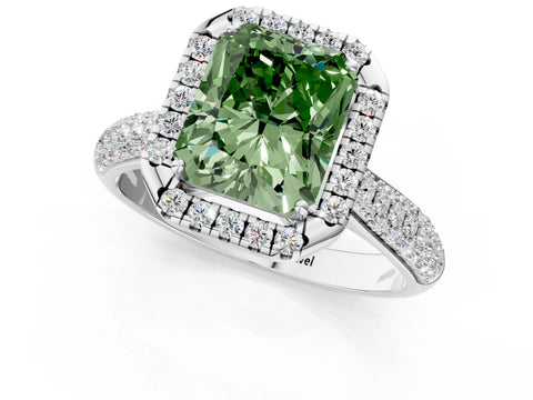 White gold Fancy Green Radiant Cut Halo Diamond Ring with Pavé Band_1