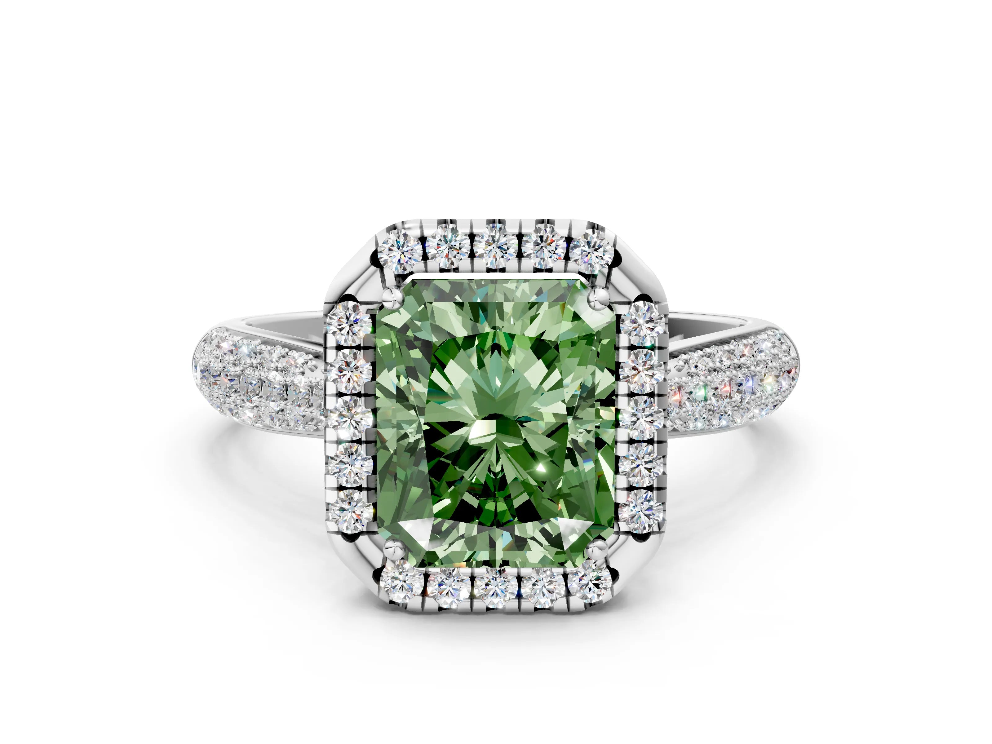 White gold Fancy Green Radiant Cut Halo Diamond Ring with Pavé Band_24