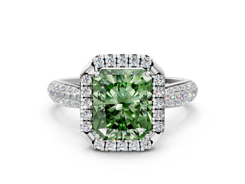 White gold Fancy Green Radiant Cut Halo Diamond Ring with Pavé Band_24