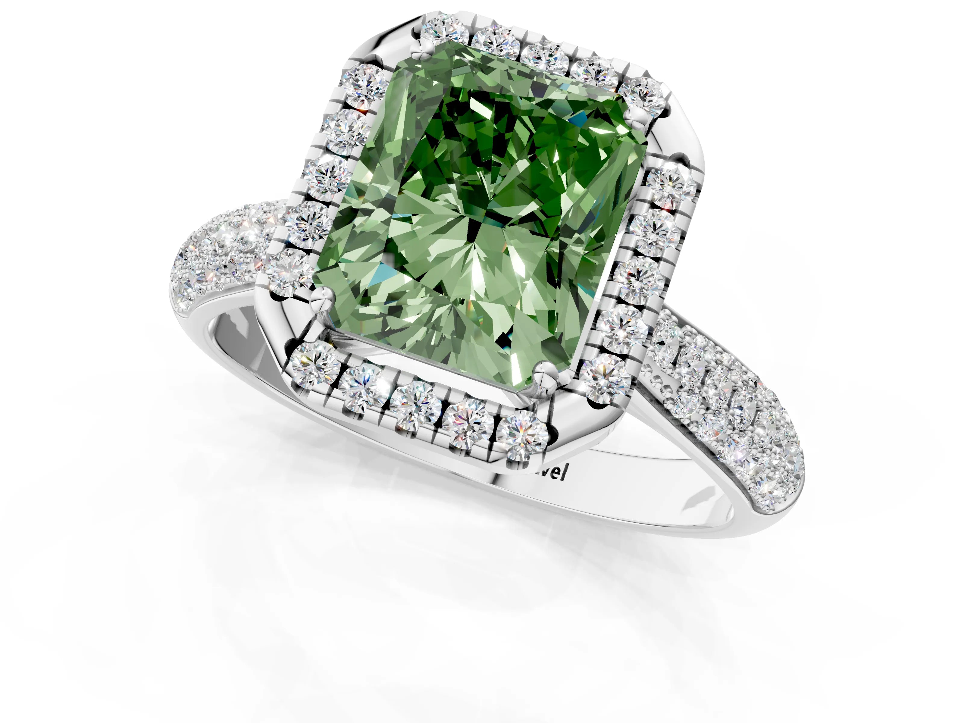 White gold Fancy Green Radiant Cut Halo Diamond Ring with Pavé Band_25