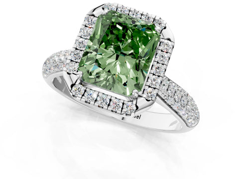 White gold Fancy Green Radiant Cut Halo Diamond Ring with Pavé Band_25