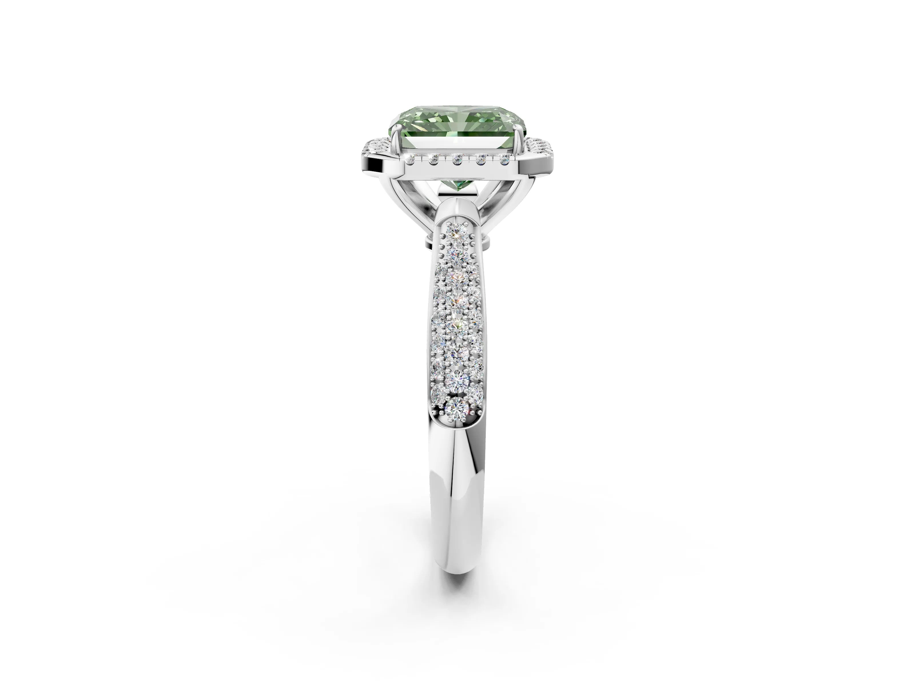 White gold Fancy Green Radiant Cut Halo Diamond Ring with Pavé Band_26