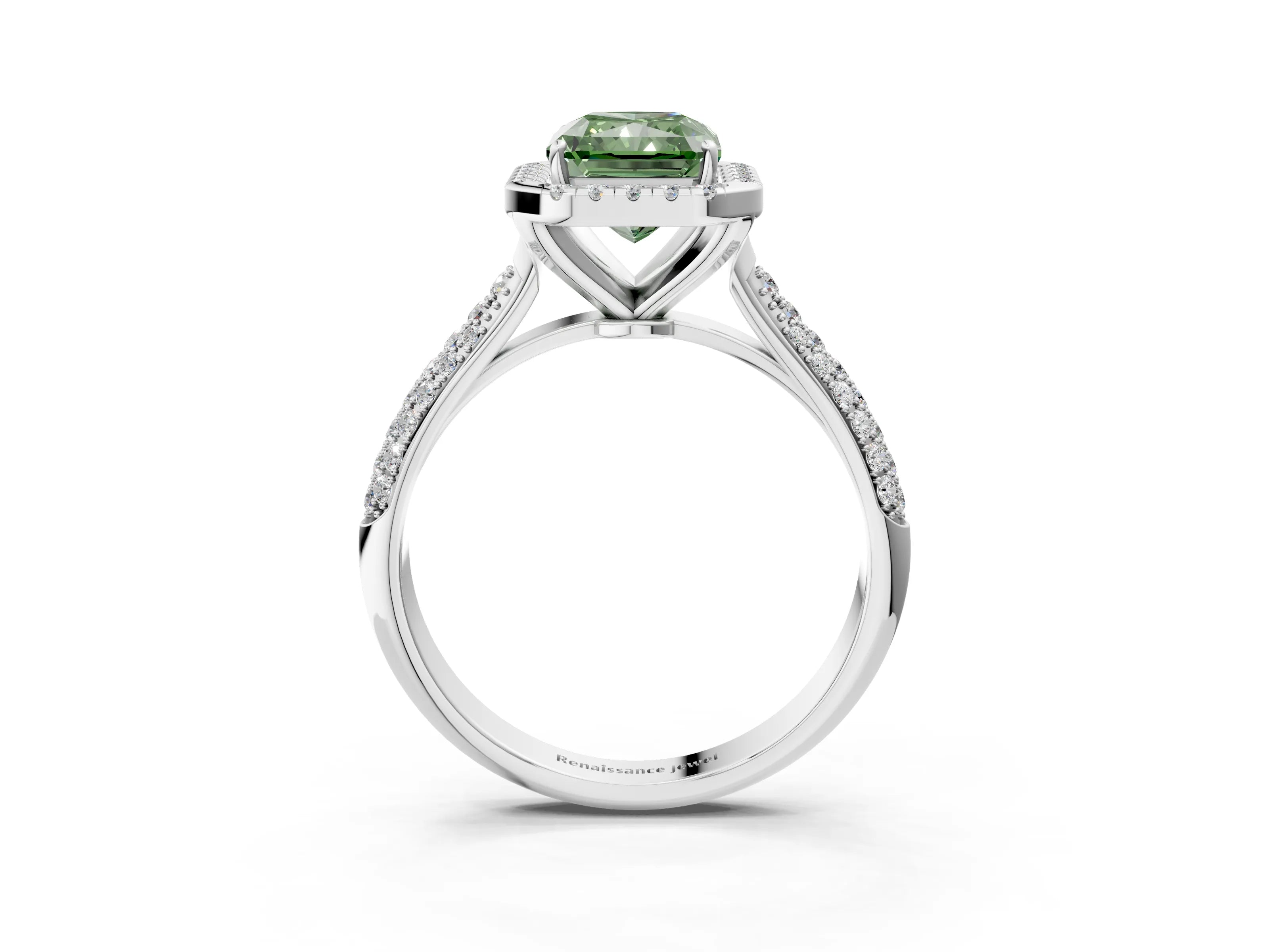 White gold Fancy Green Radiant Cut Halo Diamond Ring with Pavé Band_27