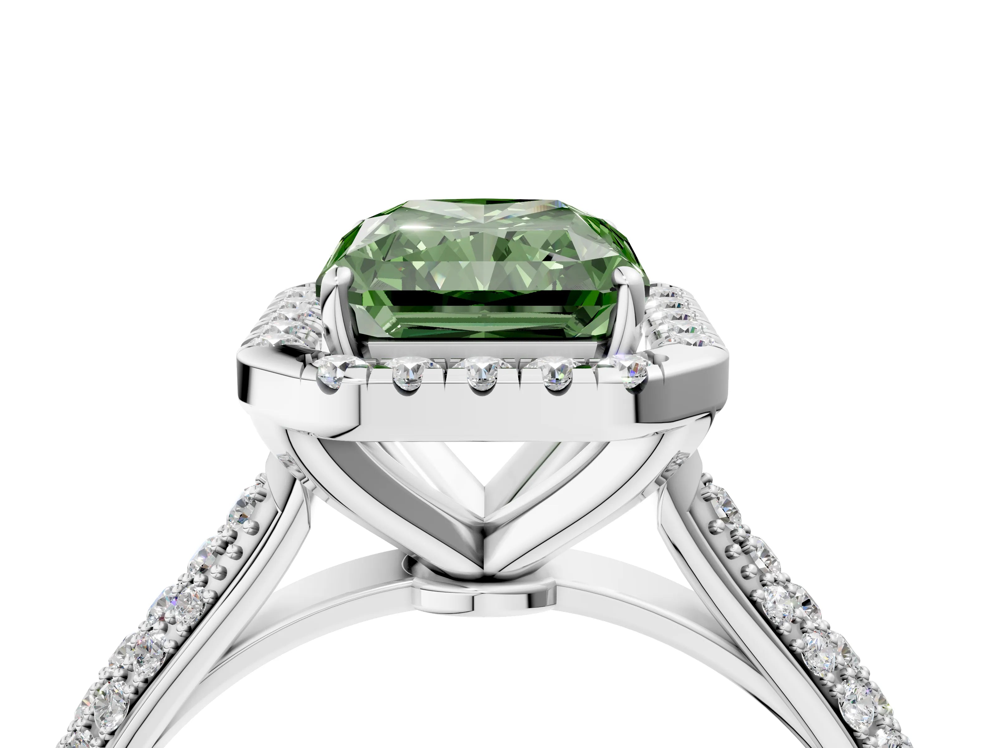 White gold Fancy Green Radiant Cut Halo Diamond Ring with Pavé Band_28