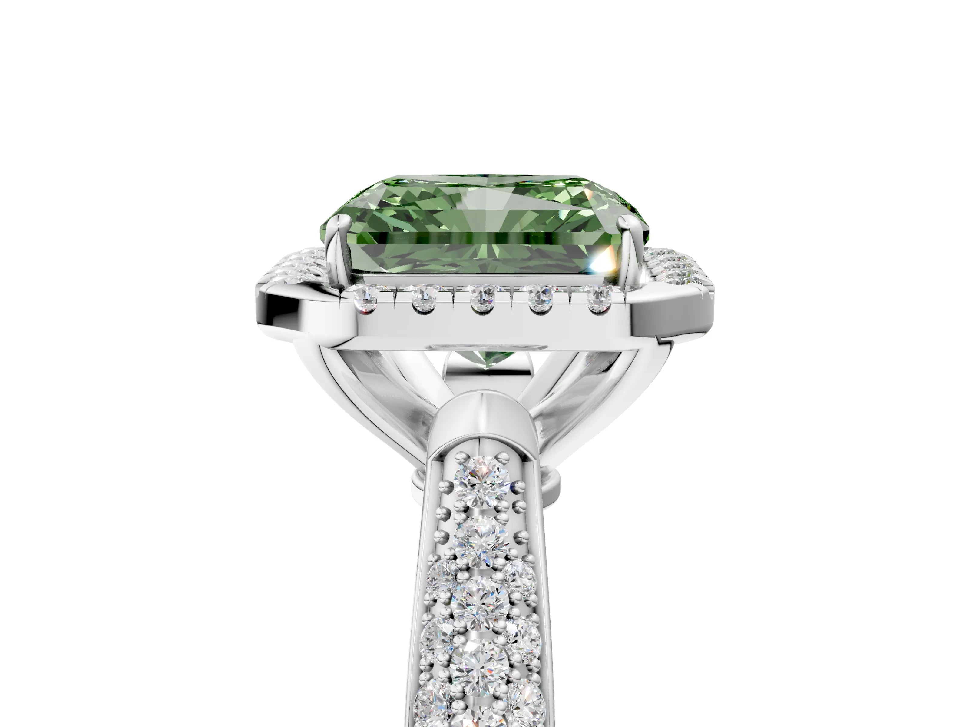 White gold Fancy Green Radiant Cut Halo Diamond Ring with Pavé Band_29