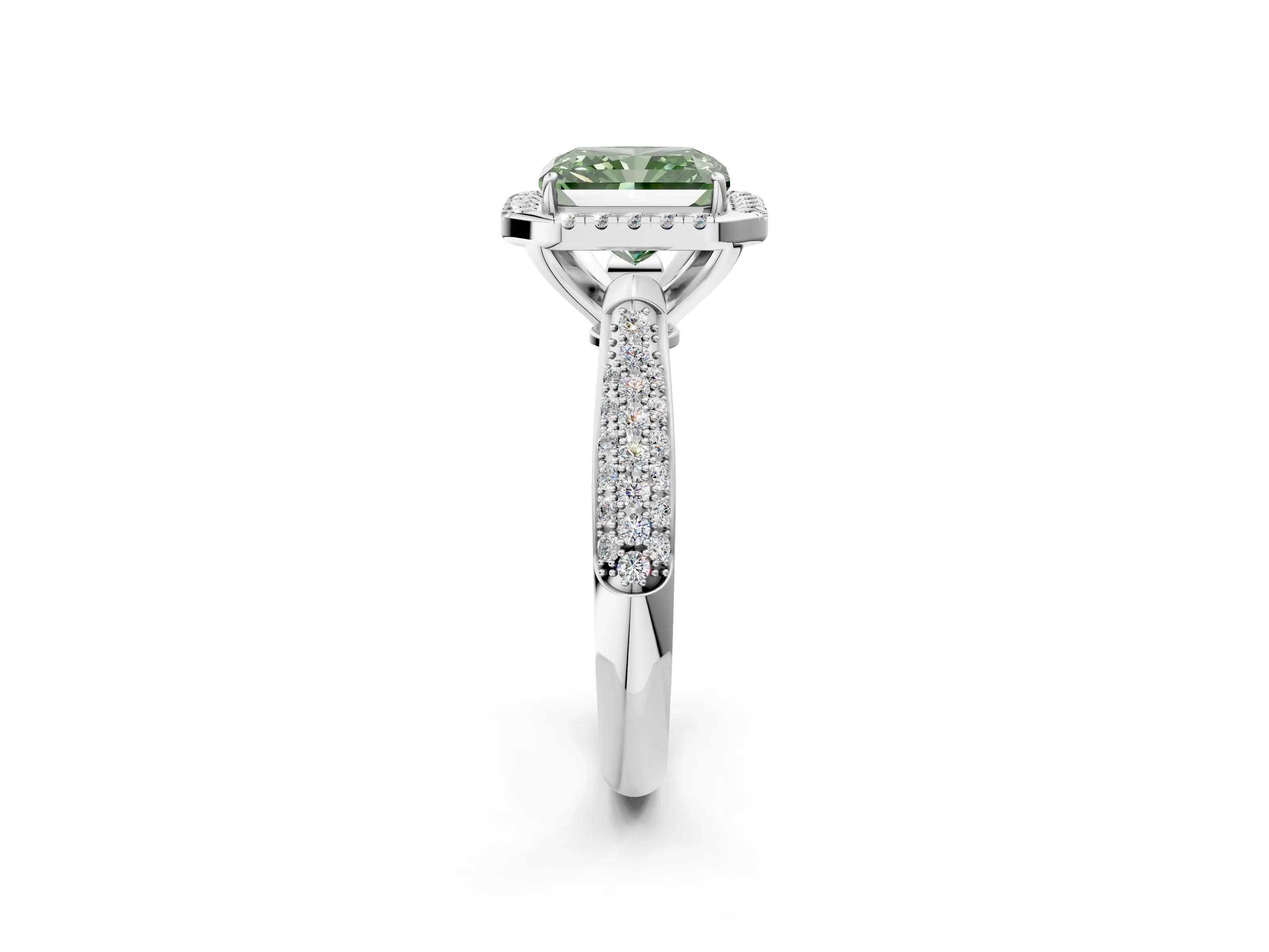 White gold Fancy Green Radiant Cut Halo Diamond Ring with Pavé Band_2