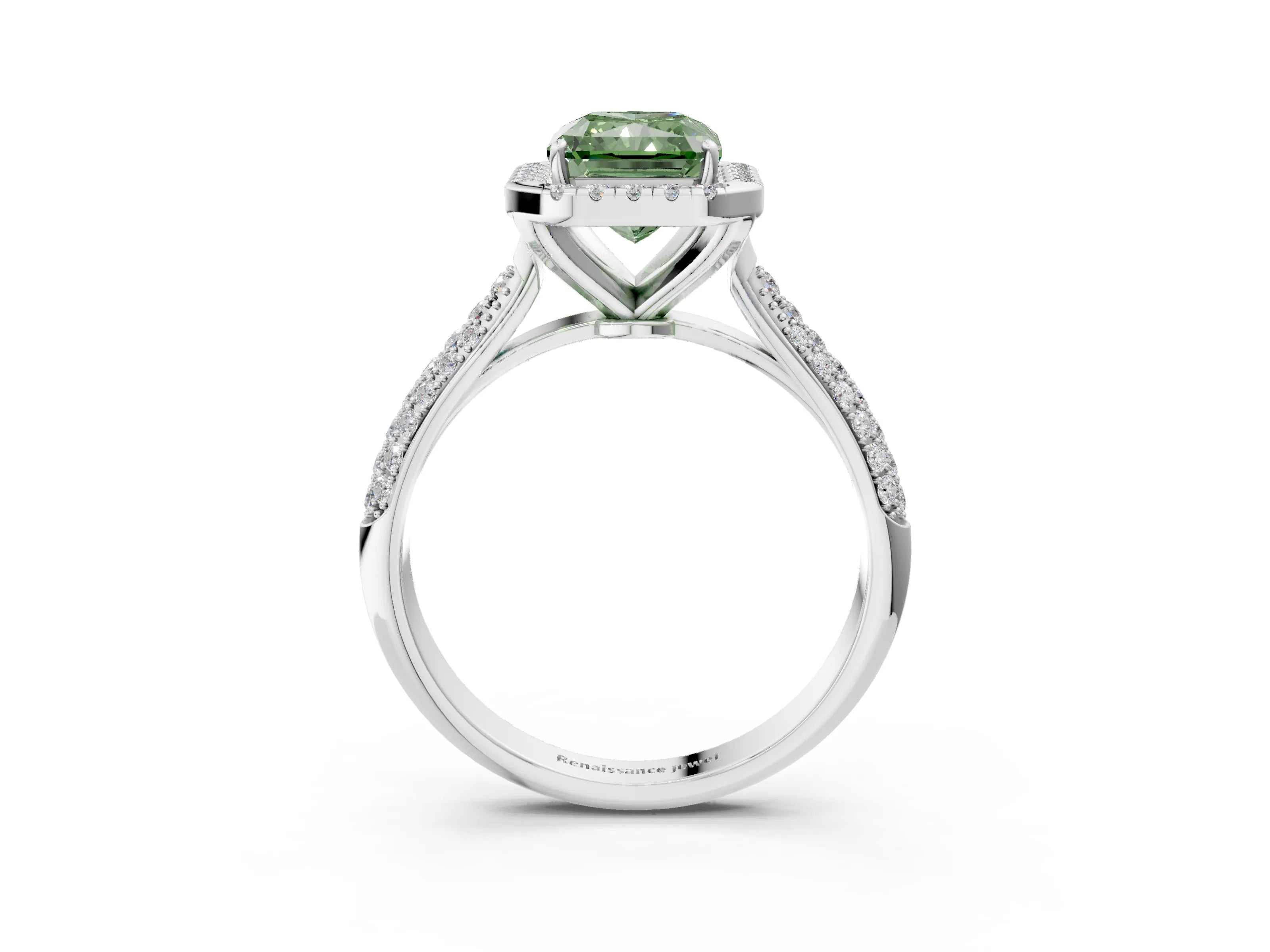 White gold Fancy Green Radiant Cut Halo Diamond Ring with Pavé Band_3
