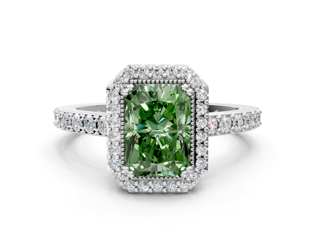 White gold Fancy Green Radiant  Cut Halo Diamond Ring with Pave Band and Four-Prong Setting_22