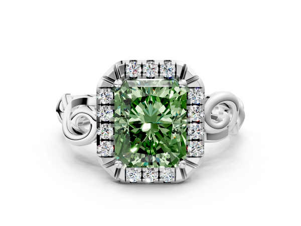 White gold Fancy Green Radiant  Cut Halo Diamond Ring with Scrollwork Band and Four-Prong Setting