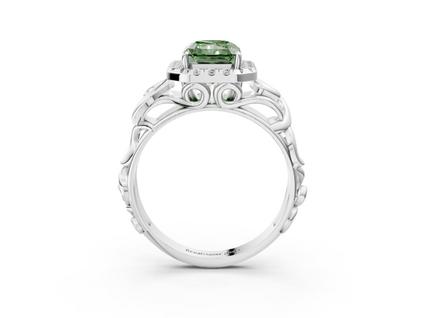 White gold Fancy Green Radiant  Cut Halo Diamond Ring with Scrollwork Band and Four-Prong Setting