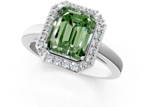 White gold Fancy Green Radiant Cut Halo Diamond Ring with Solitaire Band and Prong Setting_1