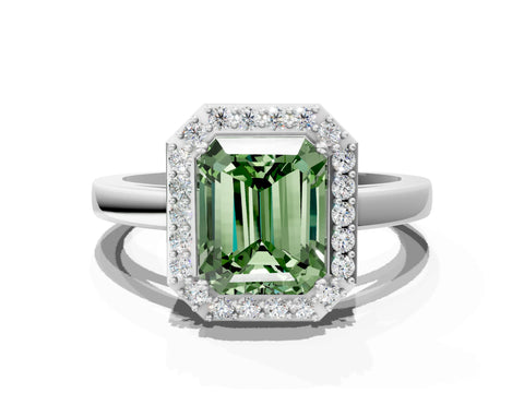 White gold Fancy Green Radiant Cut Halo Diamond Ring with Solitaire Band and Prong Setting