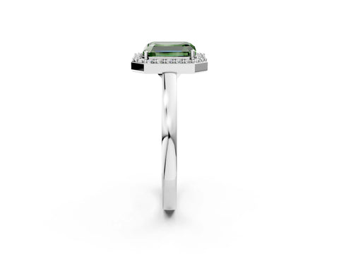 White gold Fancy Green Radiant Cut Halo Diamond Ring with Solitaire Band and Prong Setting_2