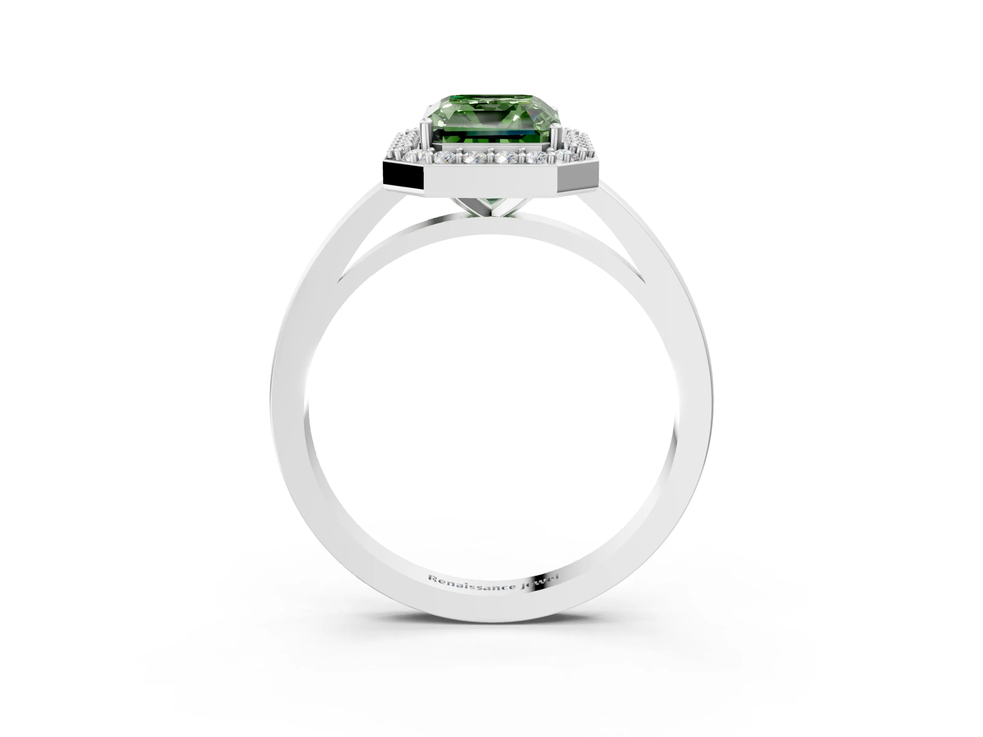 White gold Fancy Green Radiant Cut Halo Diamond Ring with Solitaire Band and Prong Setting_3