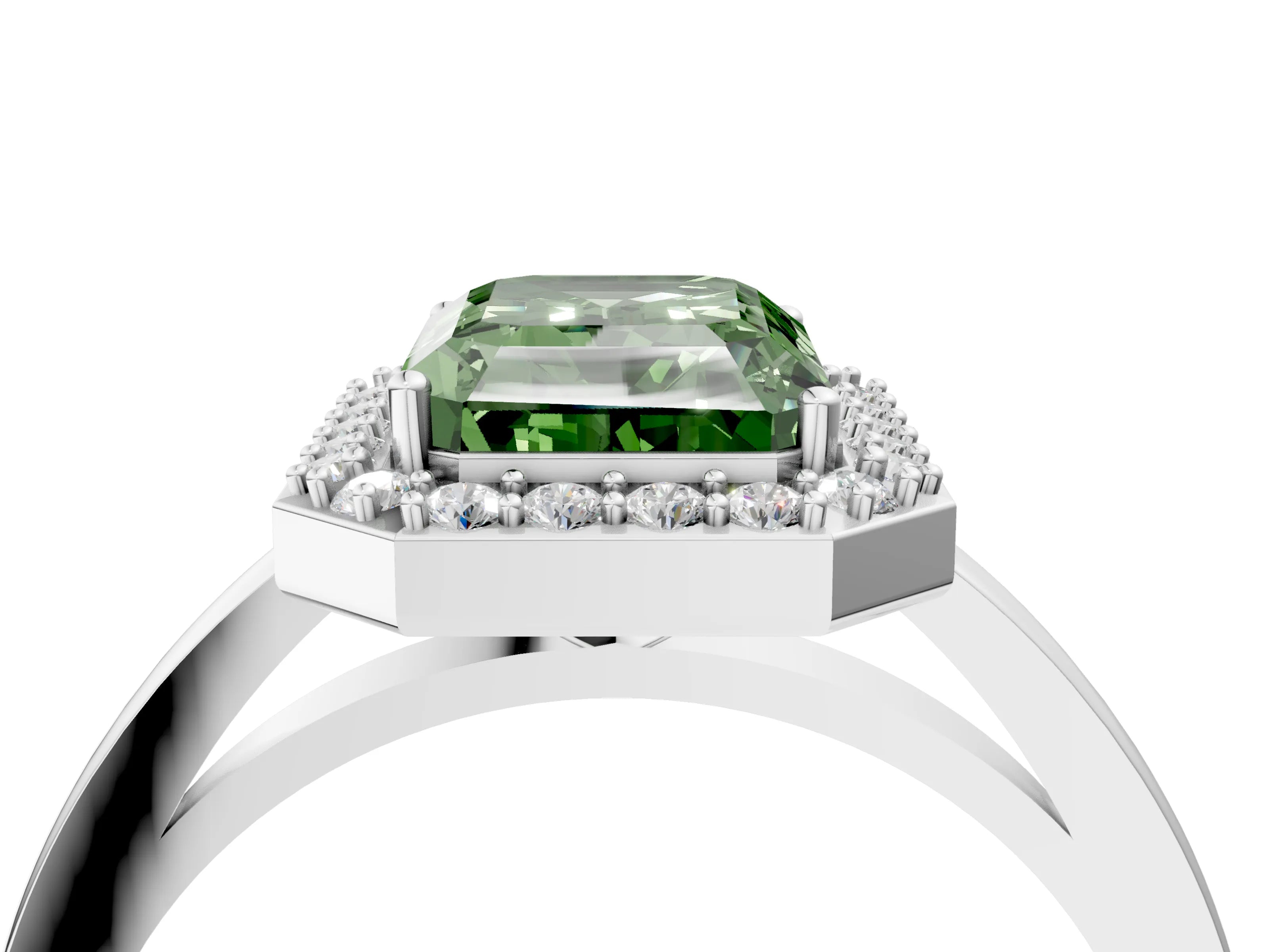 White gold Fancy Green Radiant Cut Halo Diamond Ring with Solitaire Band and Prong Setting_4