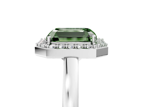 White gold Fancy Green Radiant Cut Halo Diamond Ring with Solitaire Band and Prong Setting_5