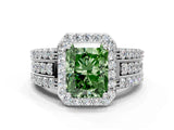 White gold Fancy Green Radiant Cut Halo Diamond Ring with Split Shank and Four-Prong Setting_101
