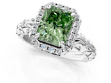White gold Fancy Green Radiant Cut Halo Diamond Solitaire with Filigree Band and Four-Prong Setting_1