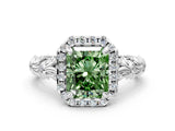 White gold Fancy Green Radiant Cut Halo Diamond Solitaire with Filigree Band and Four-Prong Setting