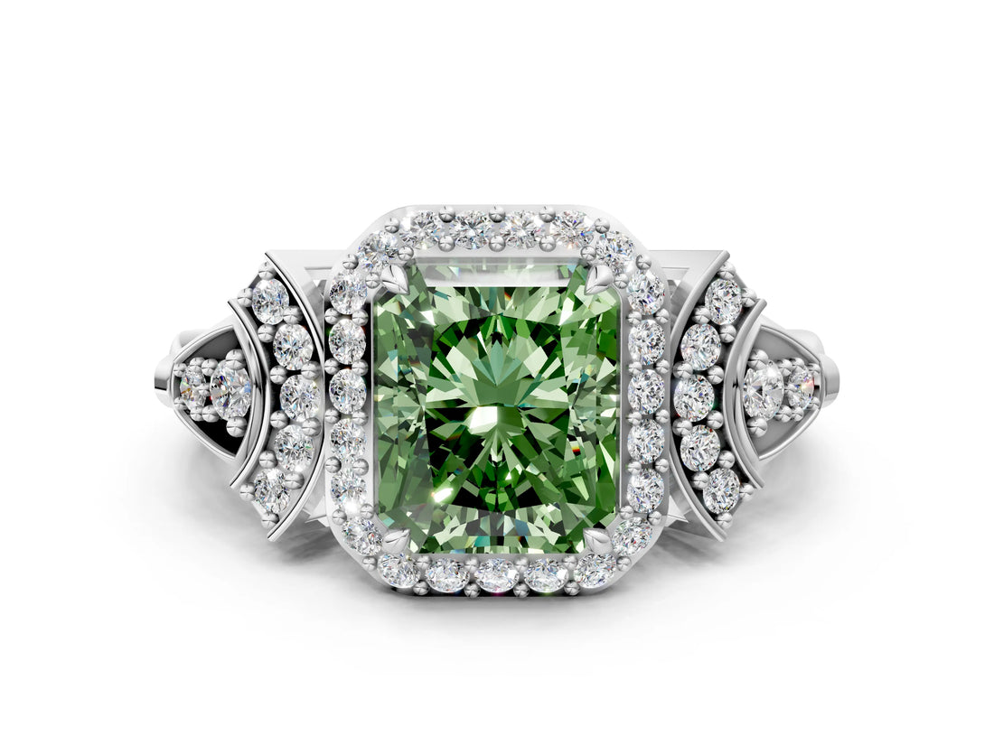 White gold Fancy Green Radiant Cut Halo Diamond Split Shank Engagement Ring with Four-Prong Setting