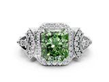 White gold Fancy Green Radiant Cut Halo Diamond Split Shank Engagement Ring with Four-Prong Setting