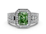 White gold Fancy Green Radiant Cut Halo Diamond Split Shank Ring with Prong Setting_6