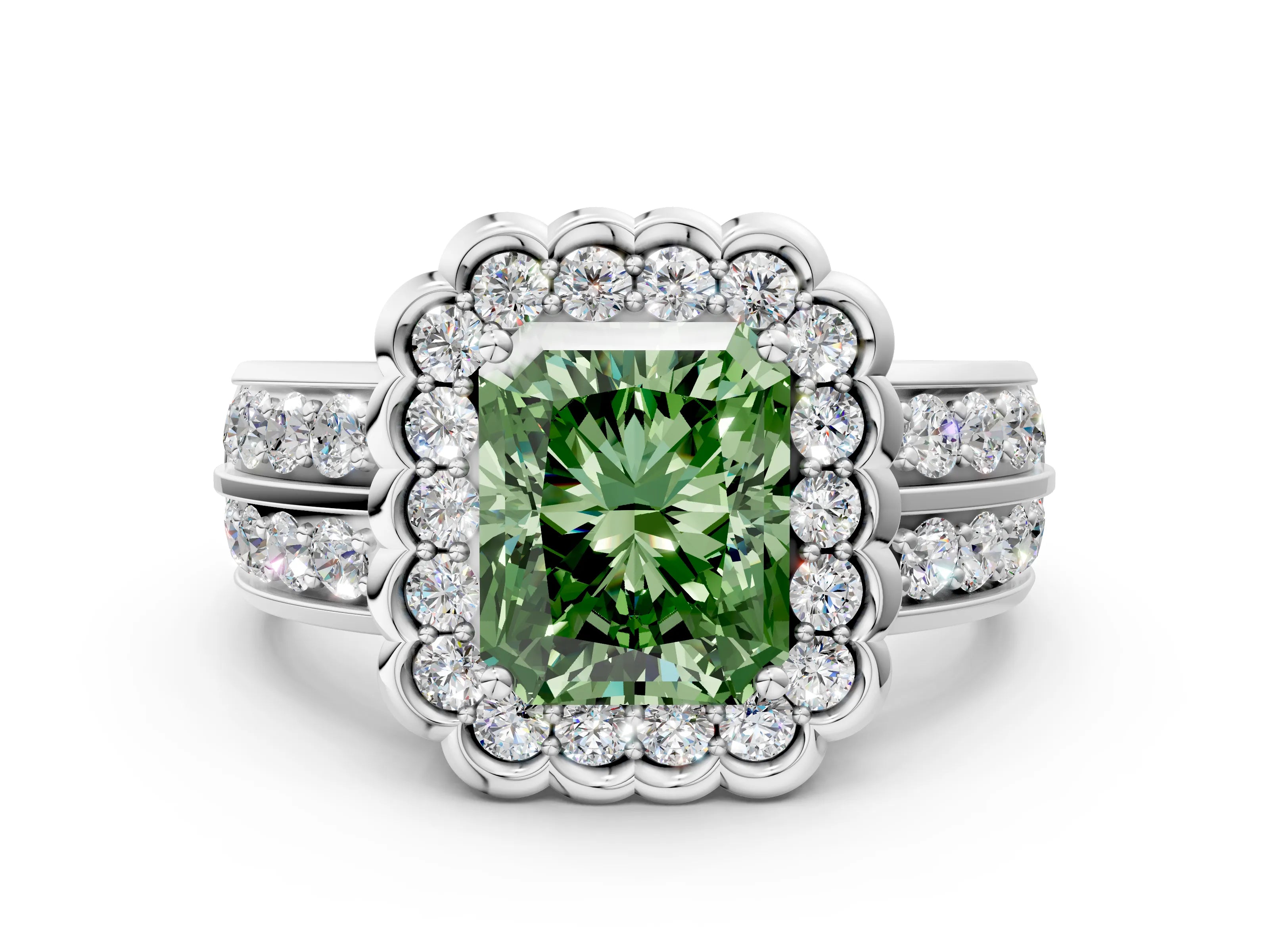 White gold Fancy Green Radiant Cut Halo Diamond Split Shank Ring with Scalloped Prong Setting_12