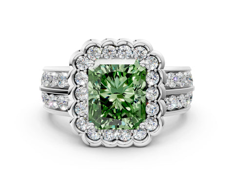 White gold Fancy Green Radiant Cut Halo Diamond Split Shank Ring with Scalloped Prong Setting_12