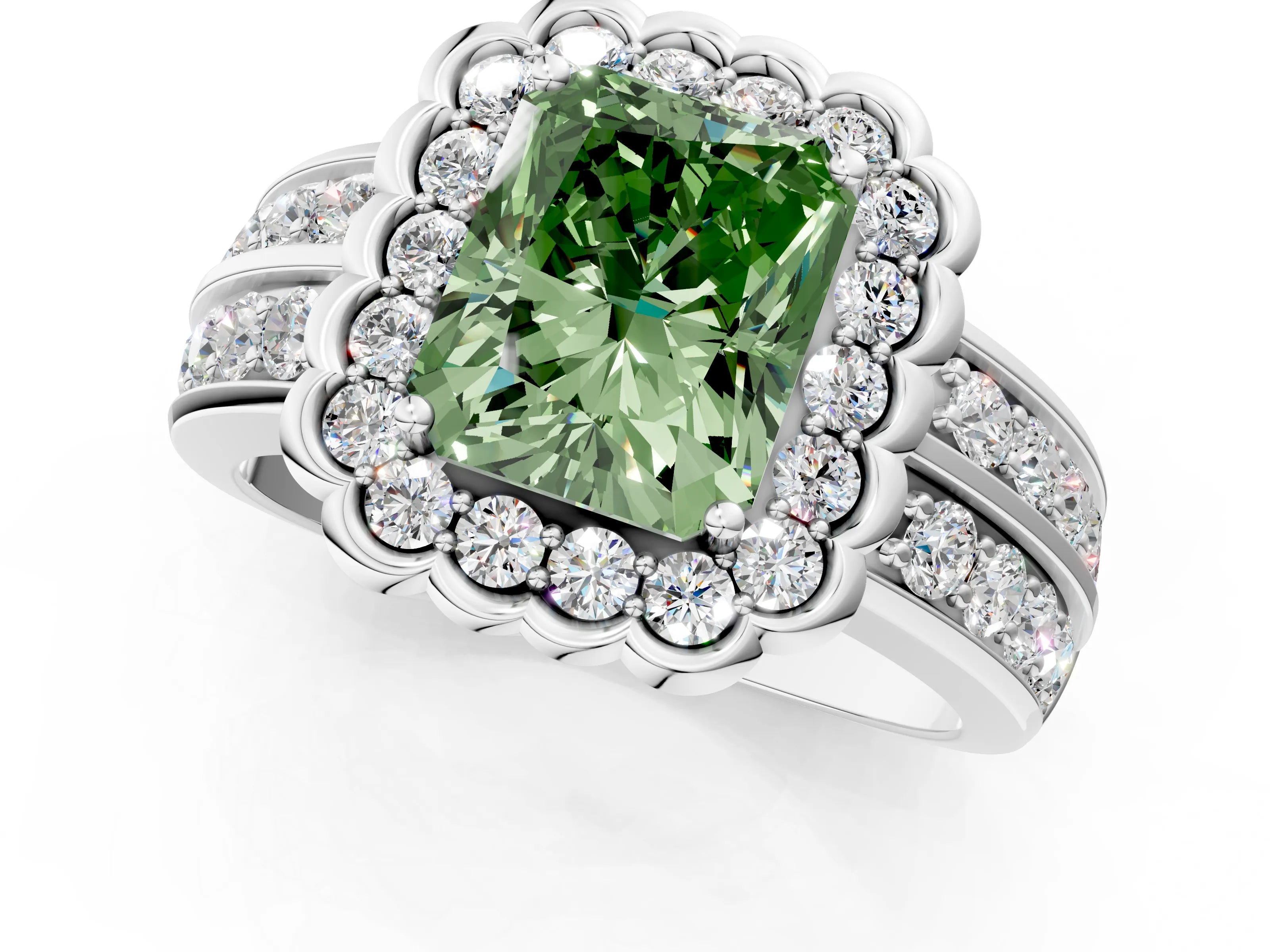 White gold Fancy Green Radiant Cut Halo Diamond Split Shank Ring with Scalloped Prong Setting_13