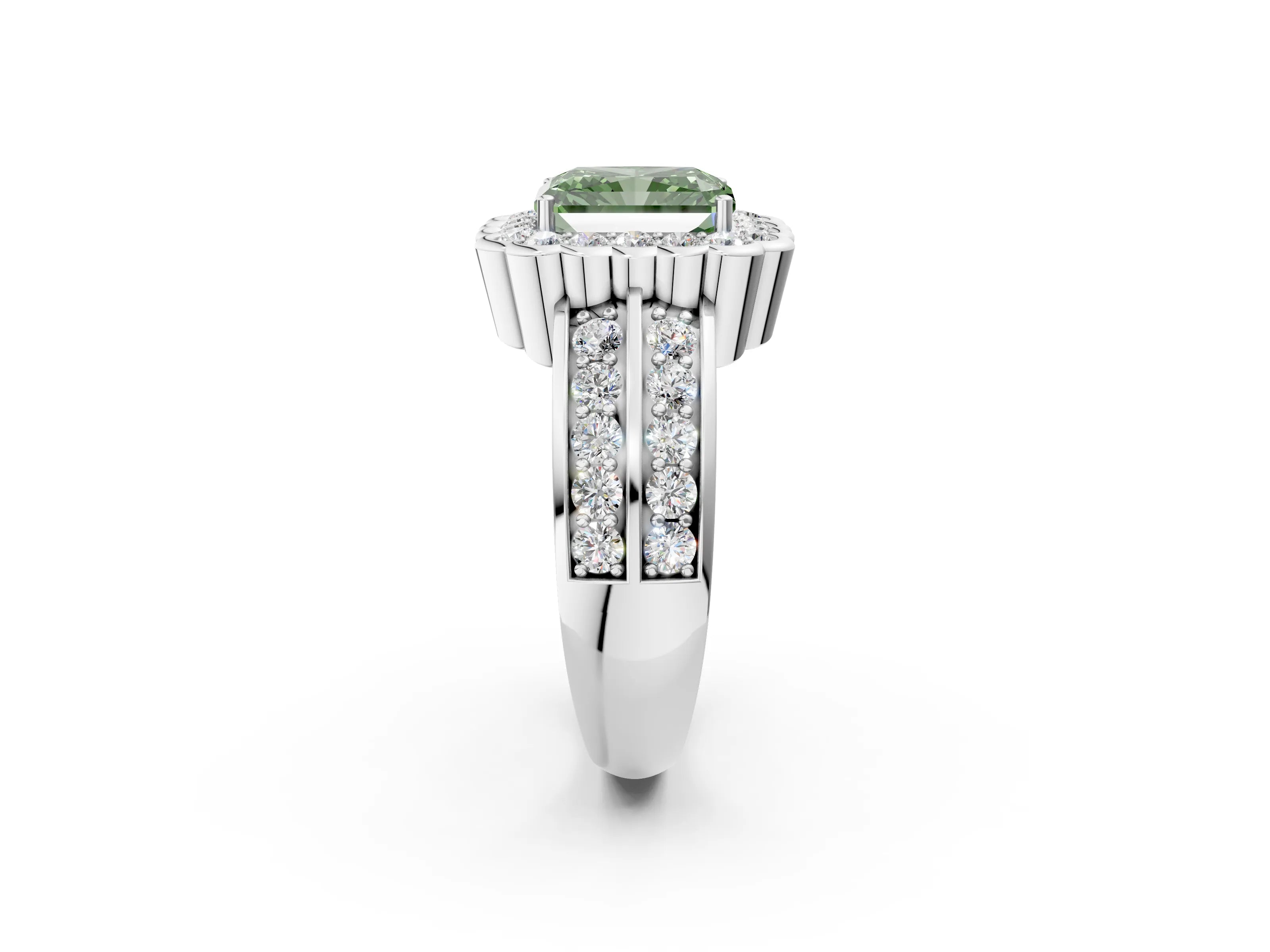 White gold Fancy Green Radiant Cut Halo Diamond Split Shank Ring with Scalloped Prong Setting_14