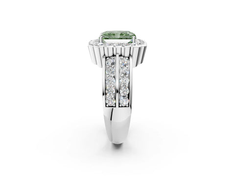 White gold Fancy Green Radiant Cut Halo Diamond Split Shank Ring with Scalloped Prong Setting_14