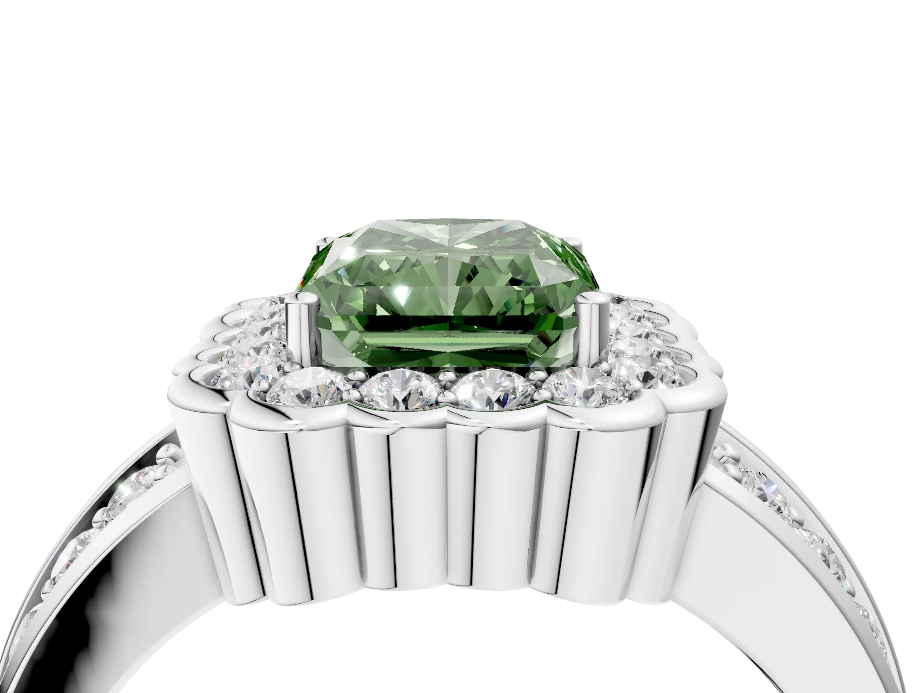 White gold Fancy Green Radiant Cut Halo Diamond Split Shank Ring with Scalloped Prong Setting_16