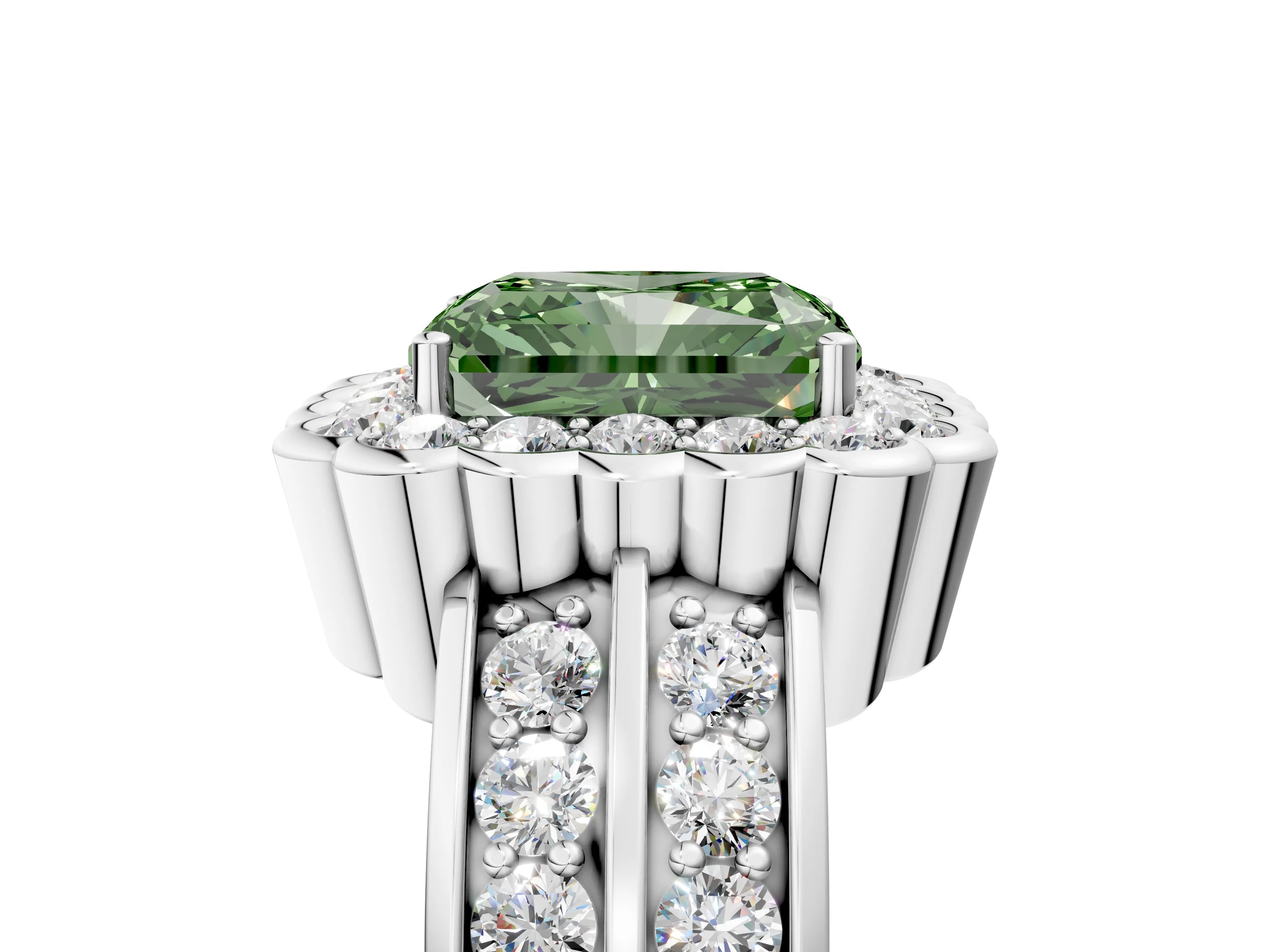 White gold Fancy Green Radiant Cut Halo Diamond Split Shank Ring with Scalloped Prong Setting_17
