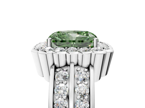 White gold Fancy Green Radiant Cut Halo Diamond Split Shank Ring with Scalloped Prong Setting_17