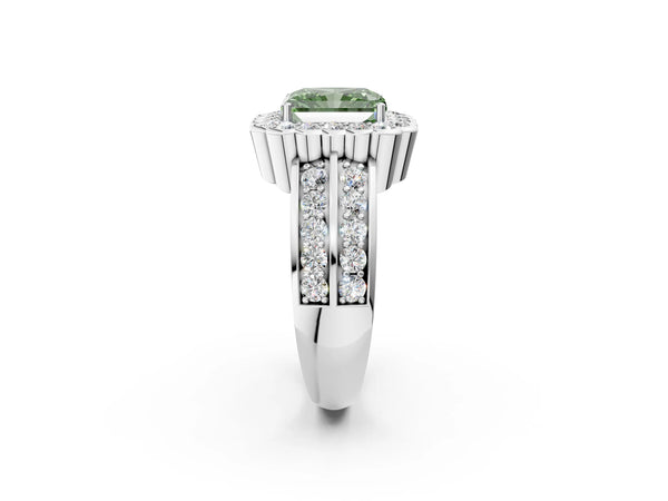 White gold Fancy Green Radiant Cut Halo Diamond Split Shank Ring with Scalloped Prong Setting