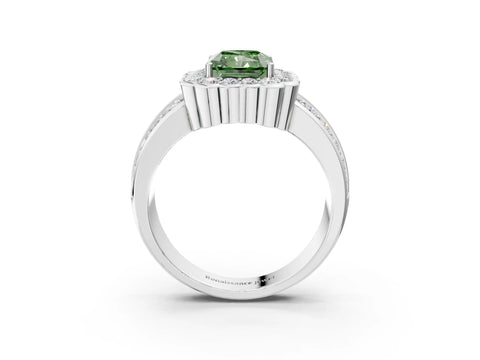 White gold Fancy Green Radiant Cut Halo Diamond Split Shank Ring with Scalloped Prong Setting_27