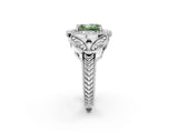 White gold Fancy Green Radiant Cut Halo Milgrain Diamond Engagement Ring with Leaf Band and Four-Prong Setting_2