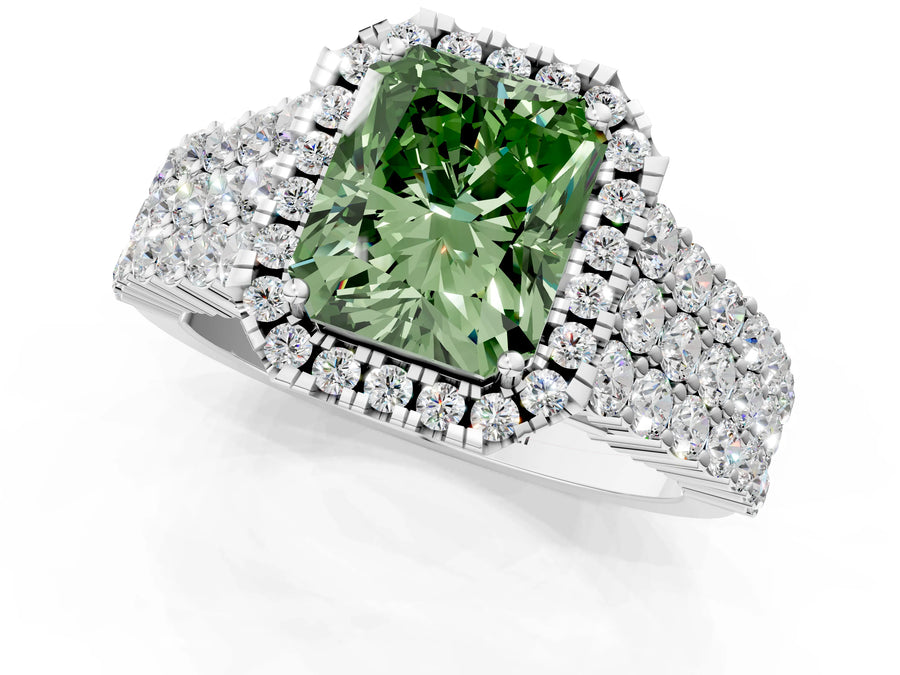 White gold Fancy Green Radiant Cut Halo Pavé Diamond Engagement Ring with Split Shank and Four-Prong Setting