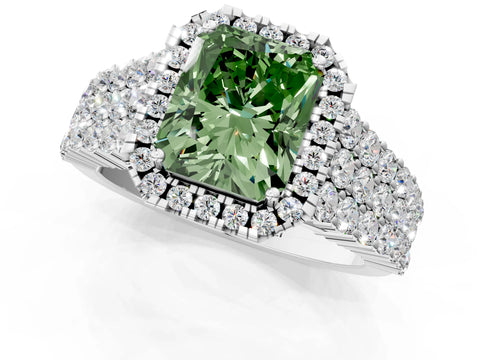 White gold Fancy Green Radiant Cut Halo Pavé Diamond Engagement Ring with Split Shank and Four-Prong Setting_4